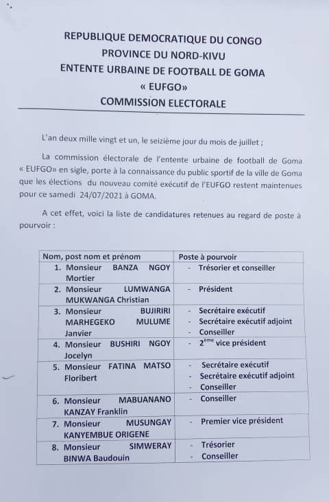 Entente Urbaine de Football de Goma: c’est l’heure de l’élection, voici les candidats