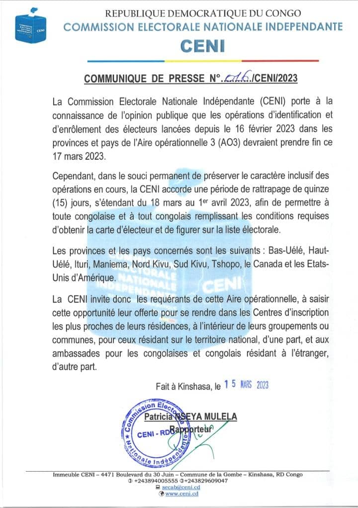 RDC/Processus électoral: la CENI accorde 15 jours supplémentaires pour la zone AO3 (communiqué)
